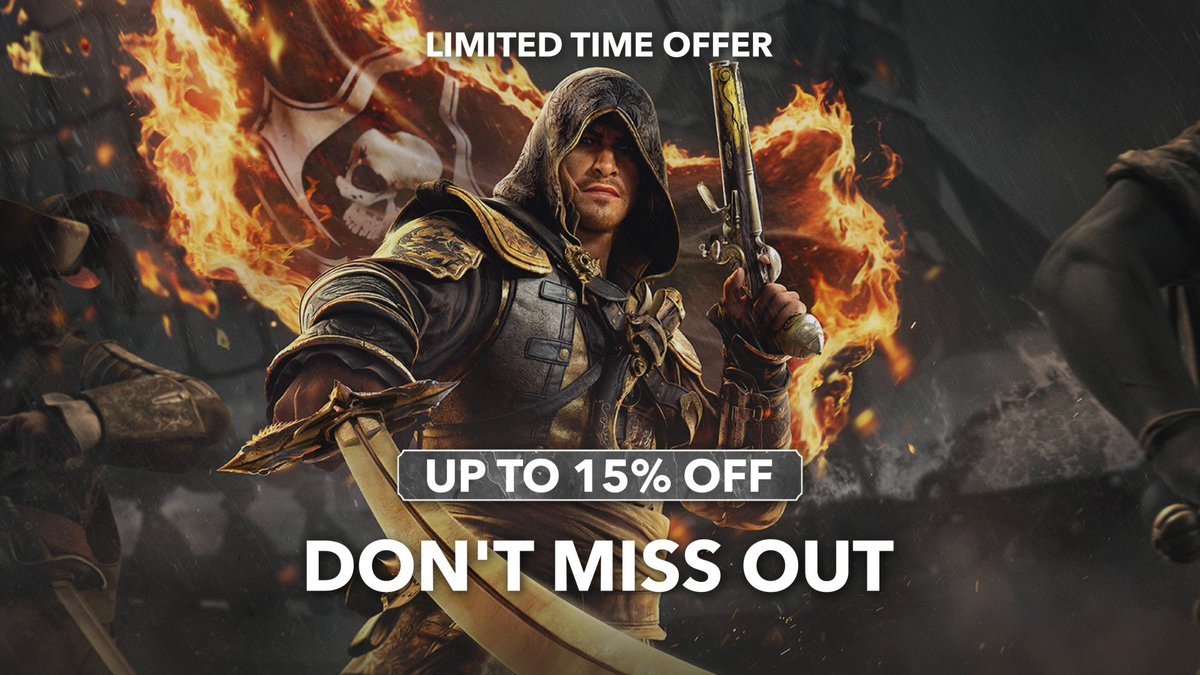 A hooded pirate warrior with a hidden blade and pistol stands against a backdrop of fire and a skull-and-crossbones flag, with promotional text reading "LIMITED TIME OFFER," "UP TO 15% OFF," and "DON'T MISS OUT" — advertising the limited-time discount for the Assassin's Creed Black Flag Resynced game featuring Edward Kenway.