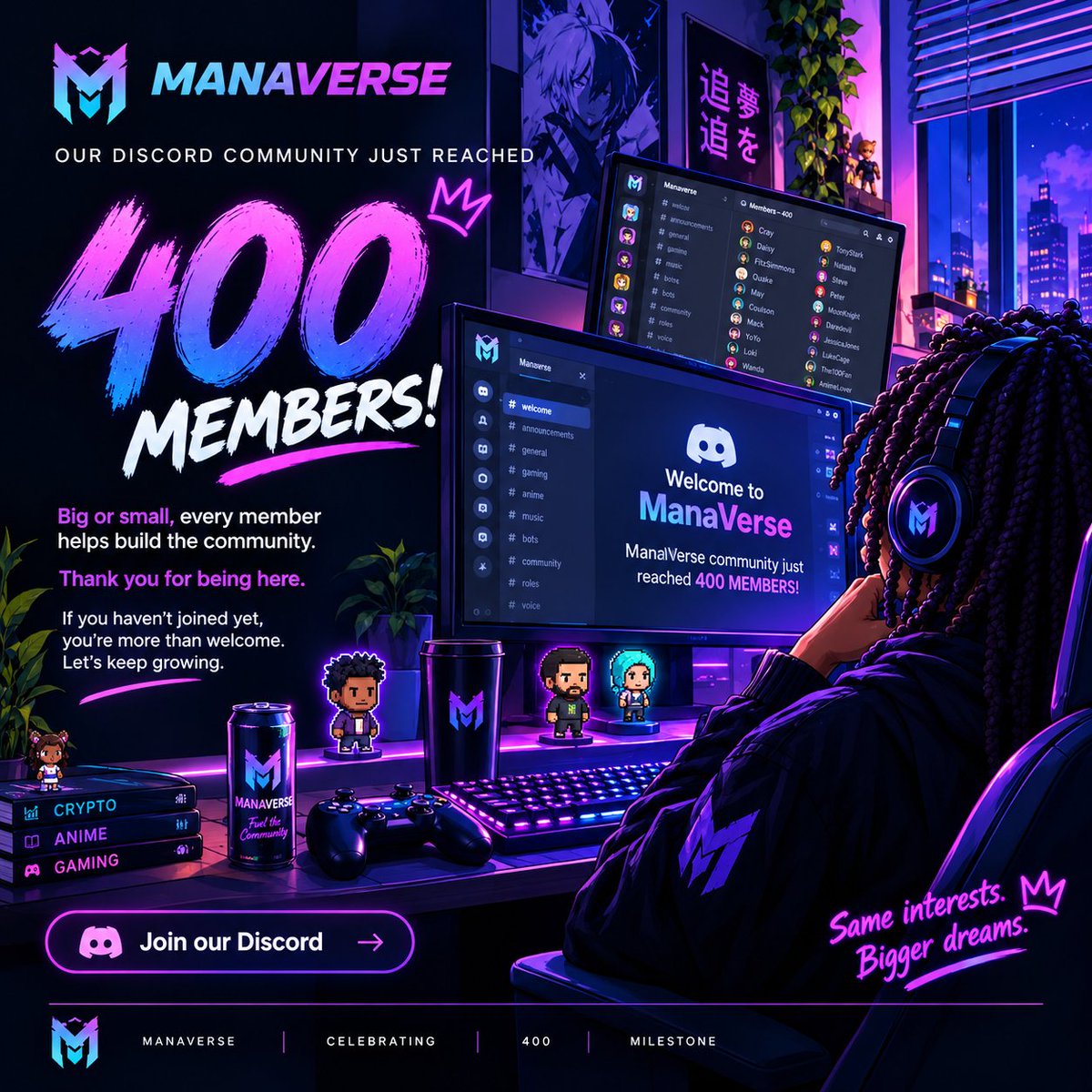 Manaverse0x's tweet photo. 400 MEMBERS STRONG!

A major milestone for ManaVerse.⚡

We’ve officially crossed 400 members on Discord!

A big thank you to everyone who has joined, contributed, and helped shape the community so far. We’re building something special, and this is only the beginning.

Next stop: 500!

Not in the server yet? Join us and be part of the journey: https://t.co/lAbM542GqI