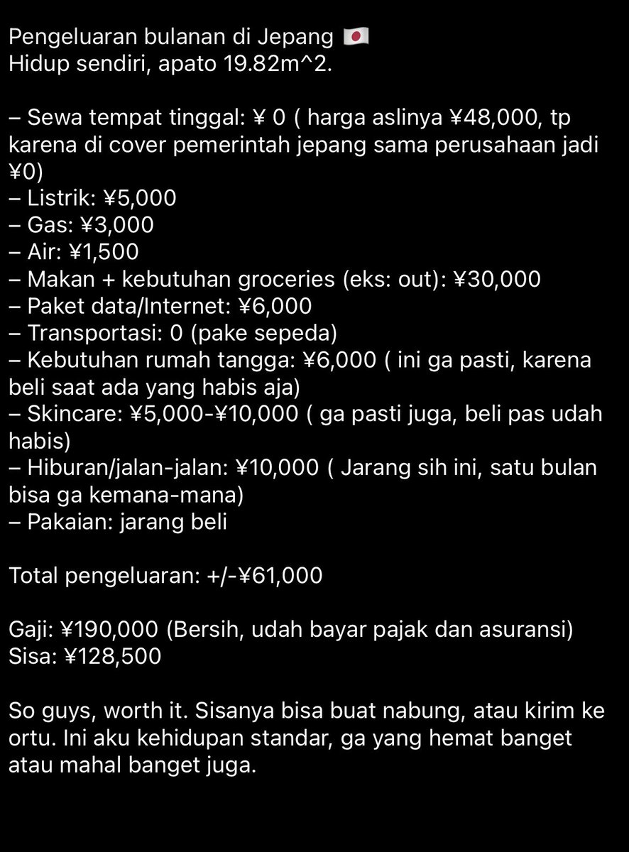 AmeraldJuneera's tweet photo. Aku juga mau berbagi, biar yang mau ke sini bisa punya gambaran🫶🏻

Jadi untuk Apt aku free, karena di cover pemerintah sama perusahaan ( karena ada tunjangan tempat tinggal) 
 
Tp kalo mau di hitung dg rent, sekitaran ¥100,000. Well dengan gaji ¥190,000, tetep bisa sisa ¥90,000. https://t.co/1DULHTHc0a