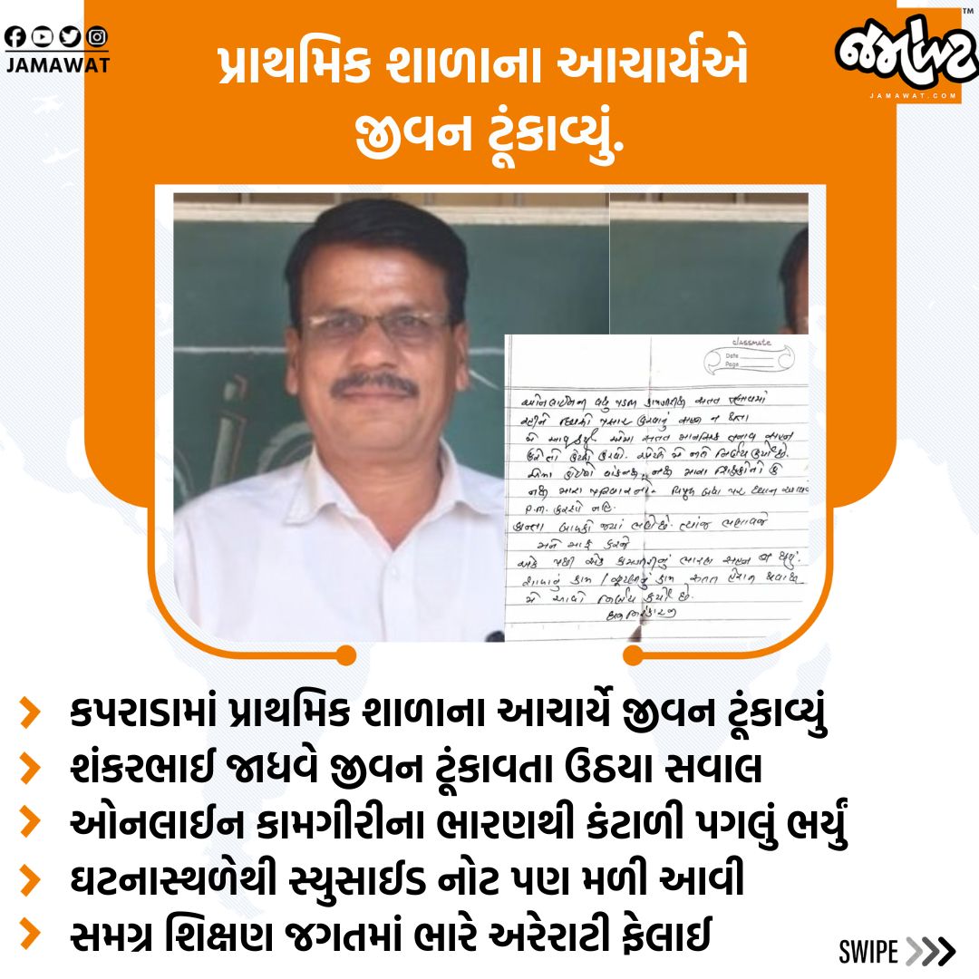 Jamawat3's tweet photo. કપરાડામાં ઓનલાઈન કામના ભારણથી કંટાળી પ્રાથમિક શાળાના આચાર્ય શંકરભાઈ જાધવે જીવન ટૂંકાવ્યું.

#Kaprada #GujaratEducation #TeacherNews #PrimarySchool #Jamawat https://t.co/V5IdMAEr4w