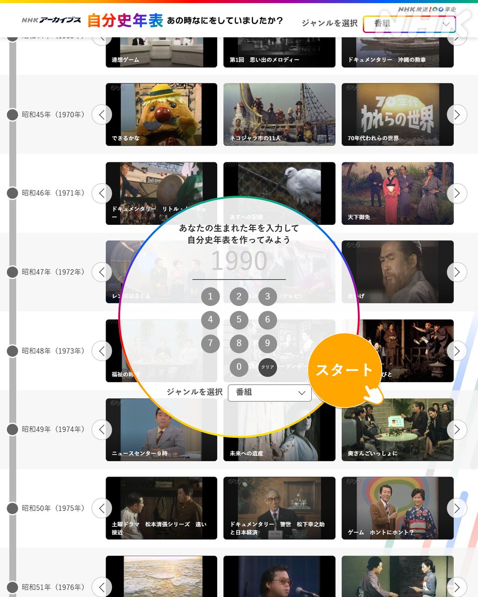 NHK_PR's tweet photo. 【ちょっとしたタイムスリップ⏳】

NHKアーカイブスにある
「自分史年表」をご存知ですか？
📱https://t.co/nsYc7NnuAG

いつまででも、見ていられます。

▼それぞれスクロールの指が止まる「シビれる」1ページがありそうですね▼ https://t.co/oTj60fg1P5