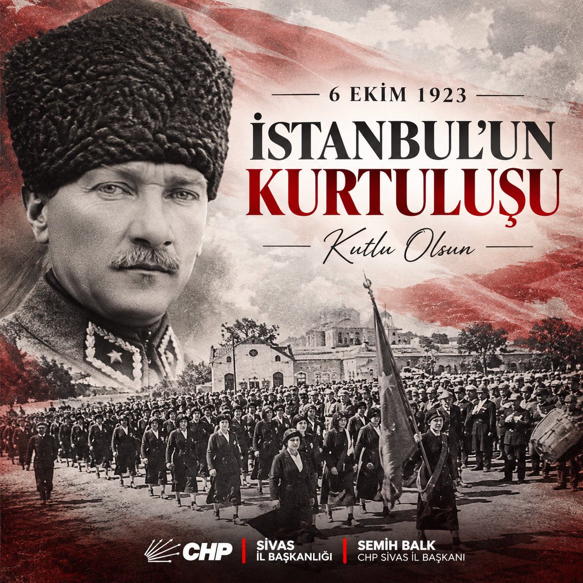 chpsivasil_'s tweet photo. 6 Ekim 1923… İstanbul’un işgalden kurtuluşunun yıl dönümü. 🇹🇷

Başta Gazi Mustafa Kemal Atatürk olmak üzere, İstanbul’un özgürlüğüne kavuşması için mücadele eden tüm kahramanlarımızı saygı ve minnetle anıyoruz.

İstanbul’un kurtuluşu kutlu olsun.

#İstanbulunKurtuluşu #CHP https://t.co/0iVxtx2ozP