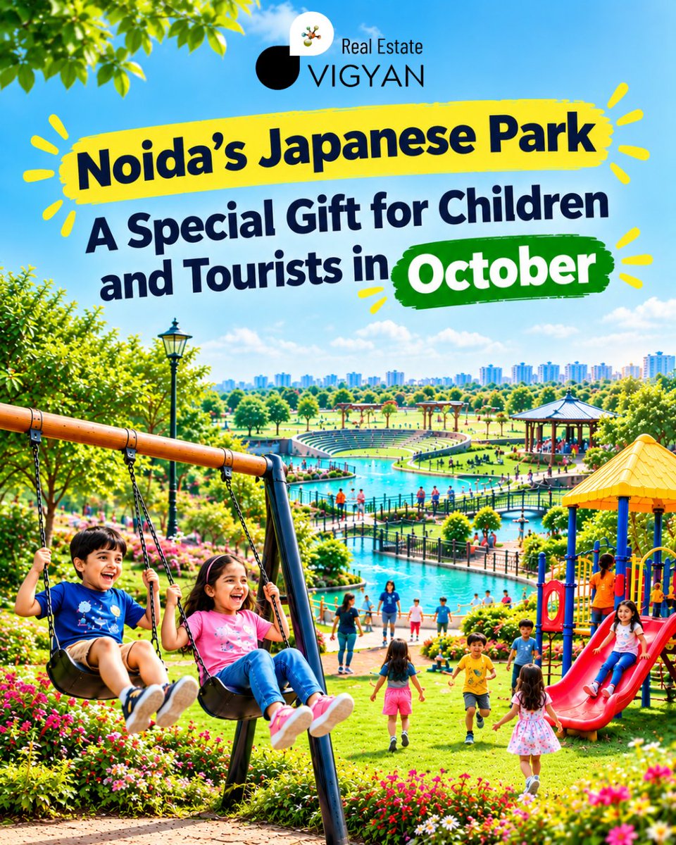 RealVigyan's tweet photo. Noida is getting a Japanese Park this October

A new 9-acre Japanese-themed park is coming up in Sector 94, Noida, with an estimated investment of ₹14 crore.

. Kids' rides &amp; dragon swings
. Water bodies &amp; waterfalls
. Miyawaki greenery
. Walking tracks
. Selfie spots

#Noida https://t.co/esPs8xr8KH