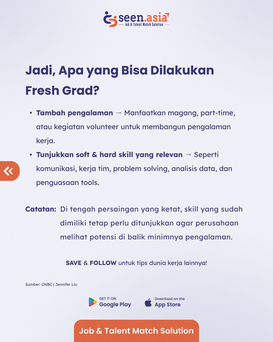 Seen_Asia's tweet photo. Job Market untuk Fresh Grad Semakin Menantang! 🎓

Survei terbaru mengungkap, fresh grad kini menghadapi tuntutan pengalaman kerja yang semakin tinggi. CEK selengkapnya di bawah ini! 👇

SAVE &amp; FOLLOW untuk tips dunia kerja lainnya!😆

Good luck! 🚀 https://t.co/gUCSTmVVmL