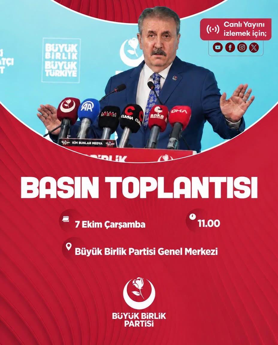 TevfikEren06's tweet photo. Sayın Genel Başkanımız Mustafa DESTİCİ, 7 Ekim Çarşamba günü saat 11.00’de Genel Merkezimizde düzenleyeceği basın toplantısında gündeme dair önemli açıklamalarda bulunacaktır.      

Basın toplantımızı resmî sosyal medya hesaplarımızdan canlı olarak takip edebilirsiniz. https://t.co/JYpnzaRGTA