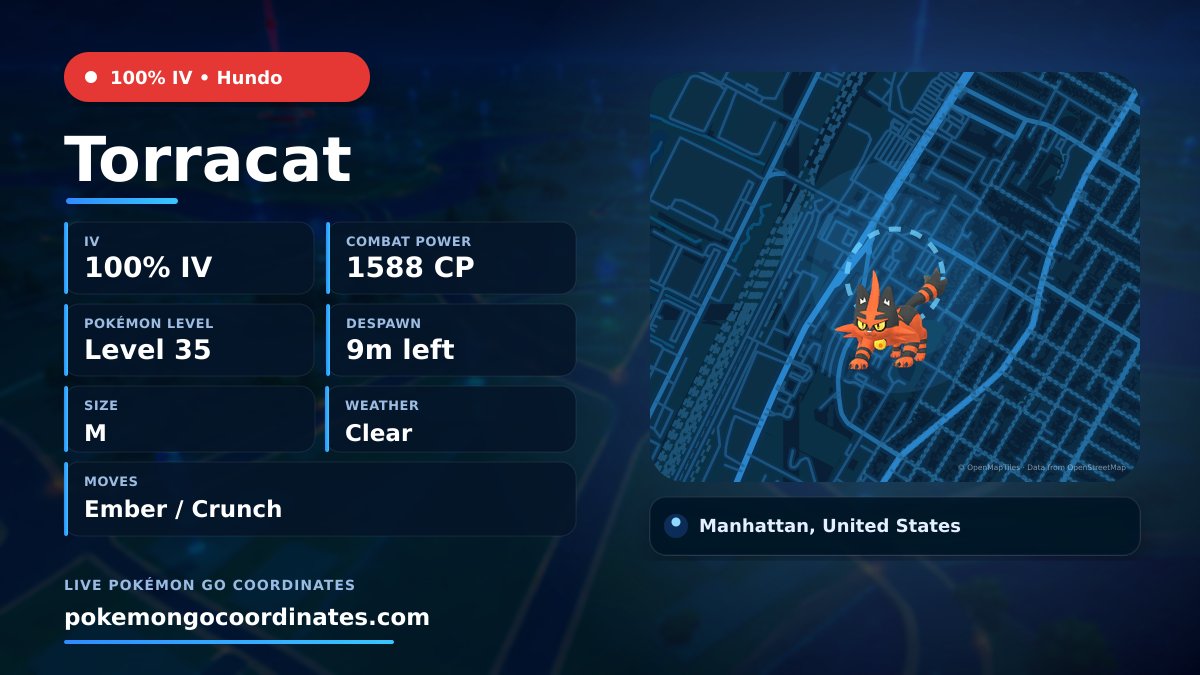 CoordsPokemonGo's tweet photo. #Torracat Wild Spawns
π―% IV β’ 1588 CP β’ Level 35
Despawns in 9m
π 40.798317,-74.021428
#100IVLevel35 β’ #GOFest https://t.co/JG4axaxWRG