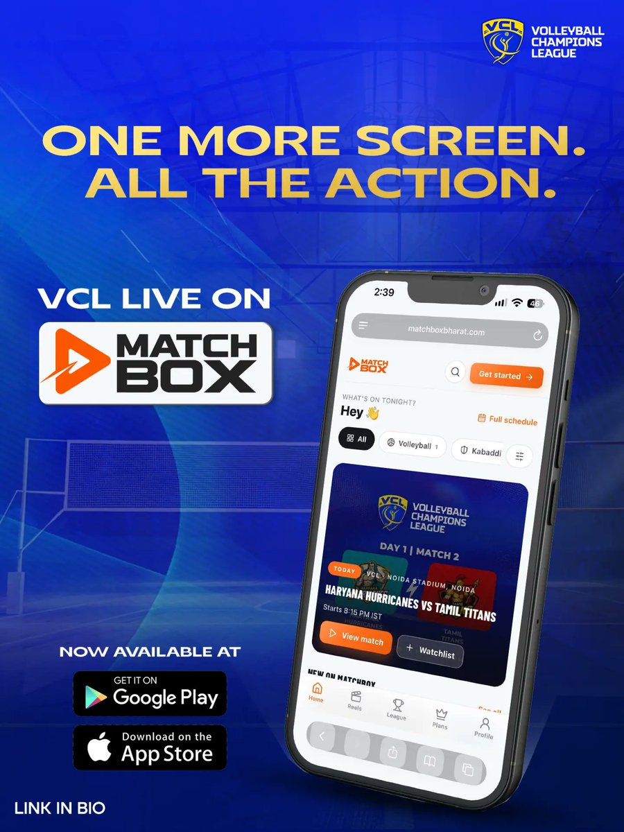VolleyballLeag's tweet photo. VCL is now LIVE on Match Box!
Watch the action wherever you are and stay connected to every big moment of the league.
Download now on Google Play &amp; App Store.
Link in bio.

#VCL2026 #MatchBox #VolleyballChampionsLeague #WatchLive #VolleyballKaMahakumbh https://t.co/xr6VPkzLgU