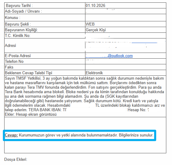 AhmetBeyefendi's tweet photo. ⚠️Şahsen tanıdığım bir takipçimden gelen görselin hikayesi: Ameliyat olacak, evini satıyor. Parayı fona koyuyor. Fonu satıyor, parası Terabank hesabına geliyor. Terabank'ta parasına bloke konuyor, çekemiyor. 30 Eylülde BDDK Terabank'ı TMSF'ye devrediyor. 1 Ekimde TMSFyi arıyor, bilgimiz yok, yazın diyorlar. Aşağıdaki metni yazıyor, gelen cevap çerçeve içinde. Bu insan hasta, hastanede, bankadaki parasını çekemiyor, sorumlu kurum TMSF "kurumumuzun görev ve yetki alanında bulunmamaktadır" diye cevap yazıyor. Kim bu bankanın sorumlusu? Bankadaki paranın çekilmesini kim, hangi gerekçeyle engelliyor?

Kusura bakmayın, bu kadarı ekonomik işkencedir. Kendisine "devlet yönetiyoruz" diyenler, insanların bankadaki parasının transferini engelleyemez, alenen hak ihlali yapıp, bu kadar ortada bırakamaz. Bu fondan para alamamak değil, çok daha kötüsü; bireyin bankadaki parasını hiçbir yasal gerekçe göstermeden gasp etmektir.