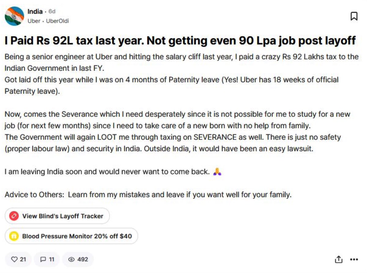 premwomp's tweet photo. Uber Engineer paid ₹92L in Tax and got Laid Off 💀 https://t.co/VhLyJHMnwX