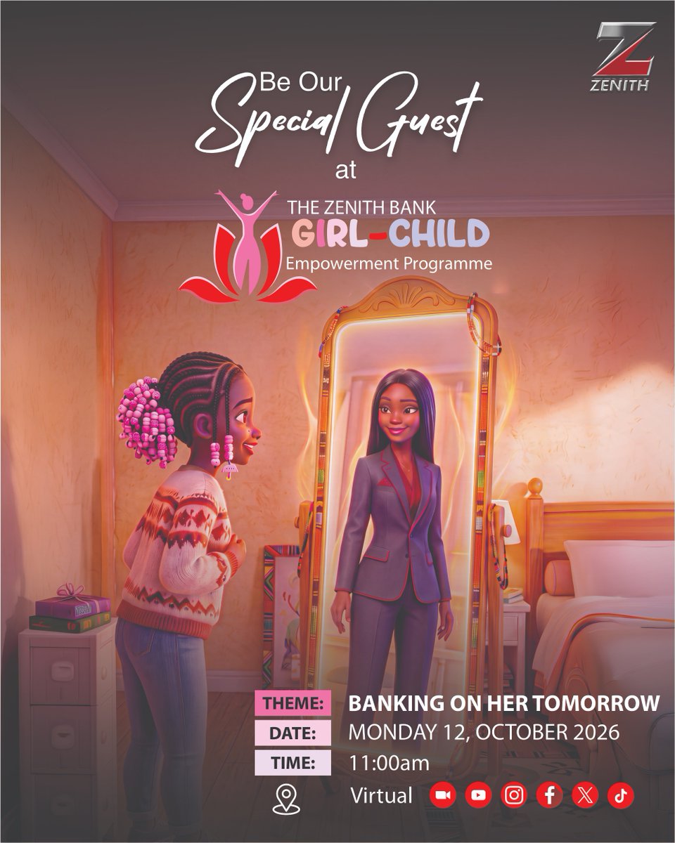 ZenithBank's tweet photo. She sees who she can become. Help her get there.  

Parents, mentors, and educators, you're invited to the Zenith Bank Girl-Child Empowerment Programme

Location: Virtual 
Date: Monday, 12 October at 11:00 am. 
Theme: Banking on Her Tomorrow.
