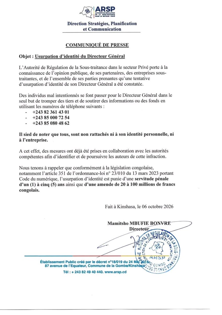 EmeryCijuka's tweet photo. 🚨 L’ARSP alerte le public sur l’usurpation d’identité du Directeur Général, @juantedbelkas , à des fins frauduleuses.

L’Autorité appelle à la vigilance face à toute sollicitation suspecte faite en son nom. https://t.co/Sn4f7L5zsF
