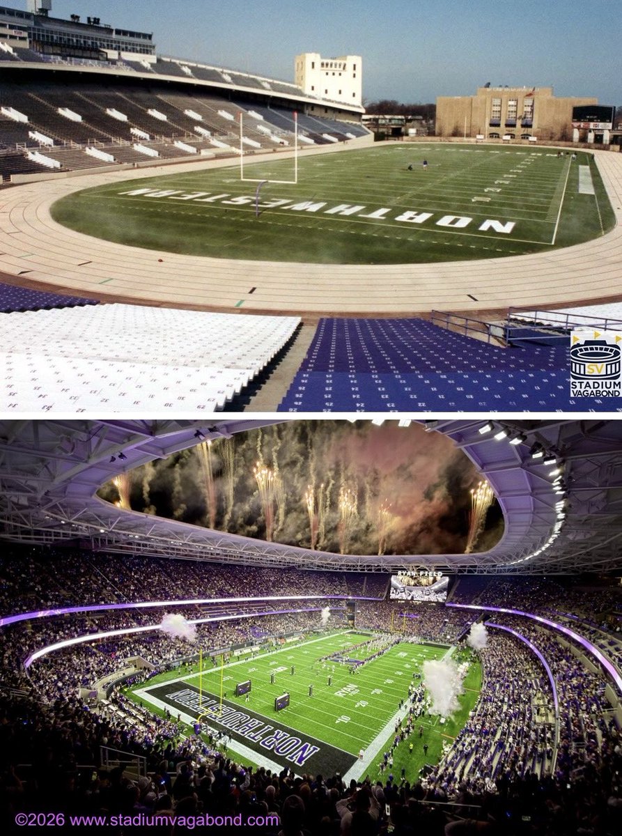StadiumVagabond's tweet photo. 🏟️ Ryan Field — Evanston, Illinois 🟣⚪ 
📸 1991 &amp; 2026, photos from opposite end zones
😸 Home of the Northwestern Wildcats 🏈

🛍️ Check out the new Cats stadium merch at the Northwestern – Stadium Vagabond shop - https://t.co/XvB9KJlwme

#RyanField #NorthwesternFootball #GoCats https://t.co/nAyl2F8t7S