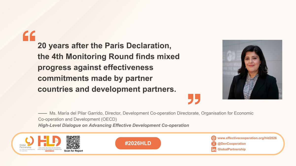 DevCooperation's tweet photo. Speaking at the #2026HLD, Ms. María del Pilar Garrido highlighted that 20 years after the Paris Declaration, the 4th Monitoring Round shows mixed progress against effectiveness commitments made by partner countries and development partners.

#EffectiveCooperation https://t.co/rDjZ2H9Rmy