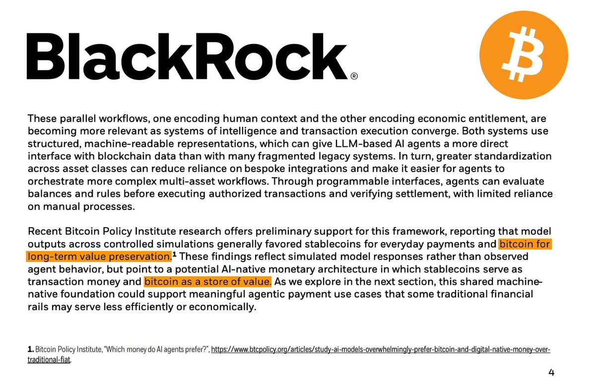 BitcoinMagazine's tweet photo. NEW: $15 trillion BlackRock says AI agents may choose to save in #Bitcoin for "long-term value preservation" 👀

"These findings ... point to a potential AI-native monetary architecture in which stablecoins serve as transactional money and bitcoin as a store of value." 👏 https://t.co/utJHYuTkGJ