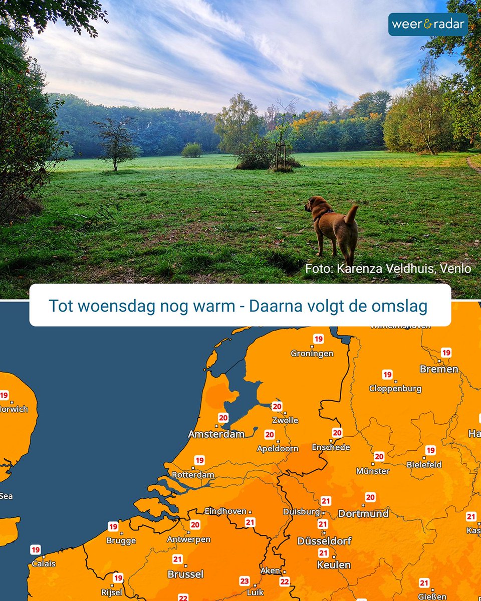 weerenradar_nl's tweet photo. Oktober laat zich dinsdag en woensdag nog van zijn zachte kant zien, maar daarna volgt een duidelijke weersomslag: https://t.co/8FdIwgEdA1
#herfst #wisselvallig #herfstweer #weerbericht #hetweer https://t.co/r0zLyxafUq