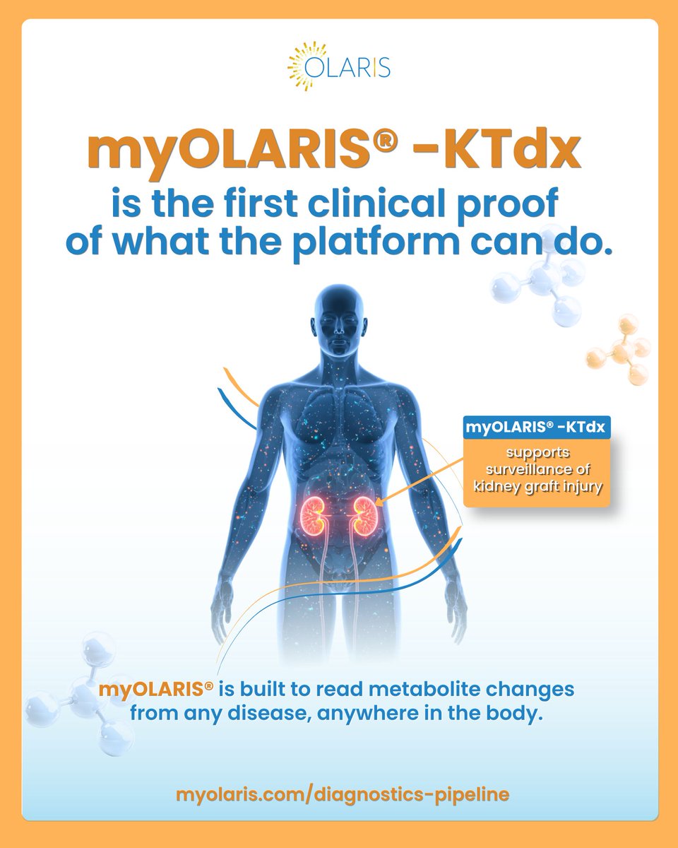 OlarisBoR's tweet photo. myOLARIS® -KTdx is Olaris's first diagnostic, supporting surveillance of kidney graft injury, including rejection and PVAN. myOLARIS® reads metabolite changes from any disease in a repeatable process, applied to each diagnostic that comes next. https://t.co/H1rVjdhXoQ
#Olaris https://t.co/KtQkl8p0Z7