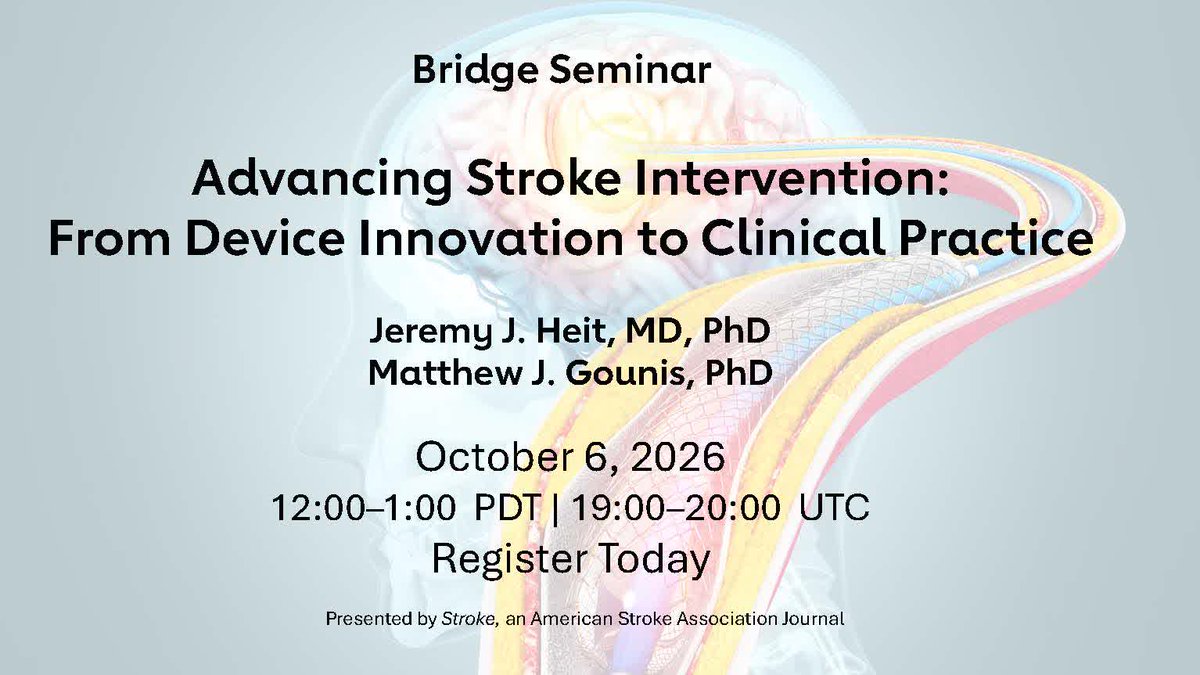 StrokeAHA_ASA's tweet photo. 📣 TODAY! #Stroke Bridge Seminar: Advancing Stroke Intervention: From Device Innovation to Clinical Practice
🗓️ October 6, 2026, 12:00-1:00 PM PDT | 19:00-20:00 UTC

🌟 Speakers: @JeremyHeitMDPHD &amp; Matthew J. Gounis
🌟 Hosted by @Chenhsbbb

📎Register: https://t.co/AU1PKjjQ7N https://t.co/YgPa86Mxs6