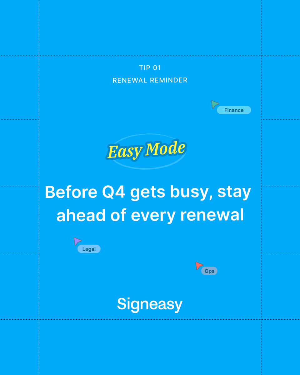 GetSigneasy's tweet photo. Q4 is here.

So are budgets, planning, renewals… and a whole lot of deadlines.

Renewal Reminders help your legal and ops teams stay ahead of renewal, expiry, and termination dates.

So your team always knows what’s coming, what’s pending, and what needs attention. https://t.co/SnTCSkGqsK