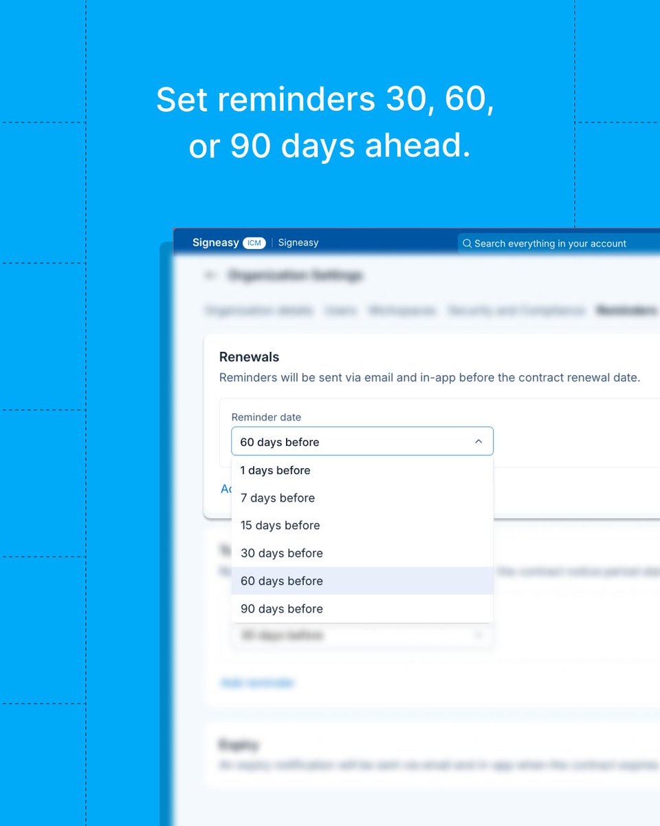 GetSigneasy's tweet photo. Q4 is here.

So are budgets, planning, renewals… and a whole lot of deadlines.

Renewal Reminders help your legal and ops teams stay ahead of renewal, expiry, and termination dates.

So your team always knows what’s coming, what’s pending, and what needs attention. https://t.co/SnTCSkGqsK