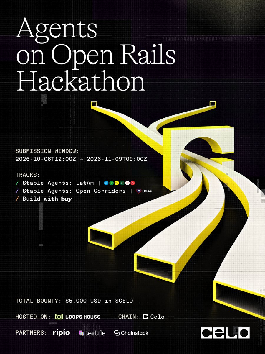 CeloDevs's tweet photo. ATTENTION BUILDERS: Agents on Open Rails Hackathon kicks off today with $5K in prizes!

You’ll have five weeks to ship agents that move real value on @Celo: from LatAm stablecoins and onchain FX to services that get paid on their own.

Here's everything you need to know ↓ https://t.co/rLN5cwc0mW