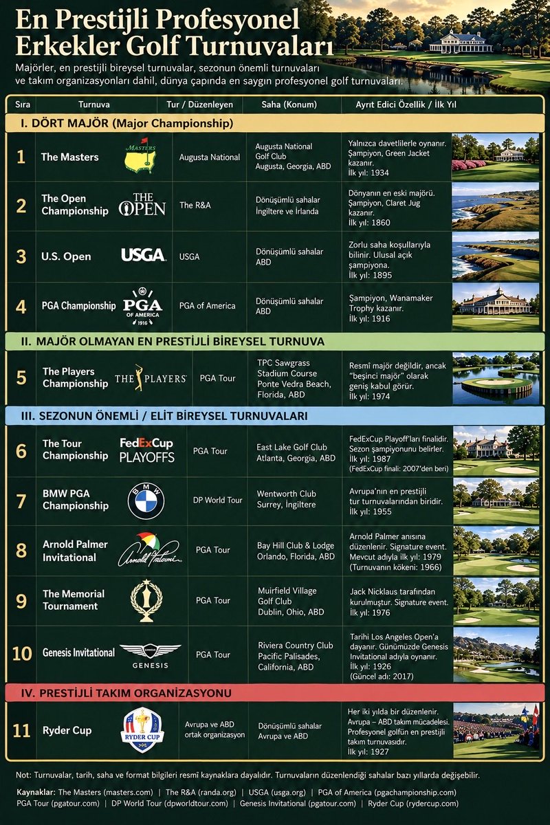 MrHustun's tweet photo. TR

Dünyanın en prestijli profesyonel erkekler golf turnuvaları 

Majörler, elit bireysel turnuvalar ve Ryder Cup. Golf dünyasının en saygın organizasyonlarına genel bir bakış.

——————————————

EN

The world’s most prestigious professional men’s golf tournaments 

The Majors, elite individual tournaments and the Ryder Cup. An overview of some of the most respected events in professional golf.

#golf #pga #themasters