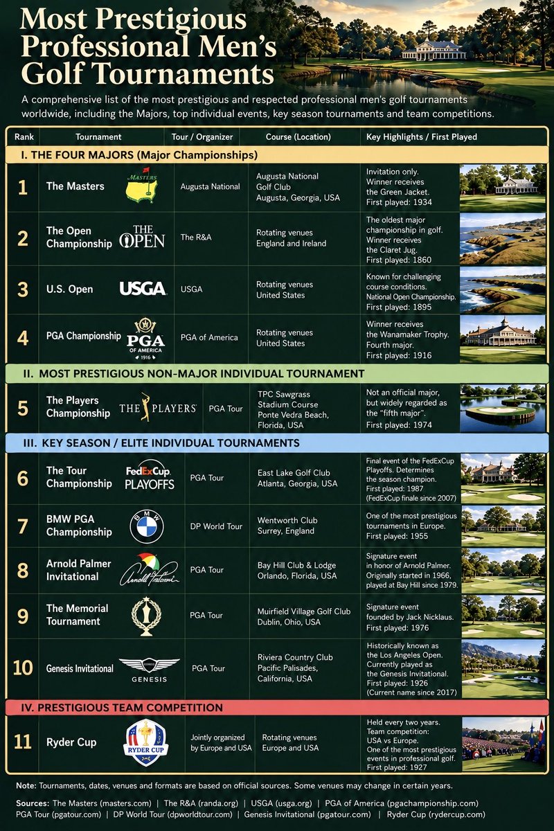 MrHustun's tweet photo. TR

Dünyanın en prestijli profesyonel erkekler golf turnuvaları 

Majörler, elit bireysel turnuvalar ve Ryder Cup. Golf dünyasının en saygın organizasyonlarına genel bir bakış.

——————————————

EN

The world’s most prestigious professional men’s golf tournaments 

The Majors, elite individual tournaments and the Ryder Cup. An overview of some of the most respected events in professional golf.

#golf #pga #themasters