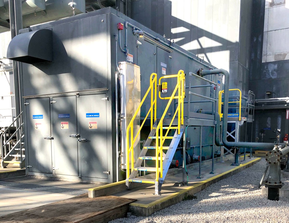 ErectaStep's tweet photo. An elevated lubrication system needs a fixed route for routine service. Industrial stairs, a platform, and a safety swing gate replaced the repeated ladder setup. Bring your difficult access point to the ErectaStep team. #ErectaStep #PowerGeneration https://t.co/SDLNKUpVvB