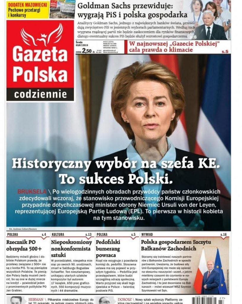 Bart_Wielinski's tweet photo. Czytam, że PiS próbuje odciąć się od swojego wielkiego sukcesu, jakim był latem 2019 wybór Ursuli von der Leyen na szefową Komisji Europejskiej.

No to odświeżmy im pamięć za pomocą ówczesnej jedynki organu KC PiS https://t.co/SipjaFsvzv