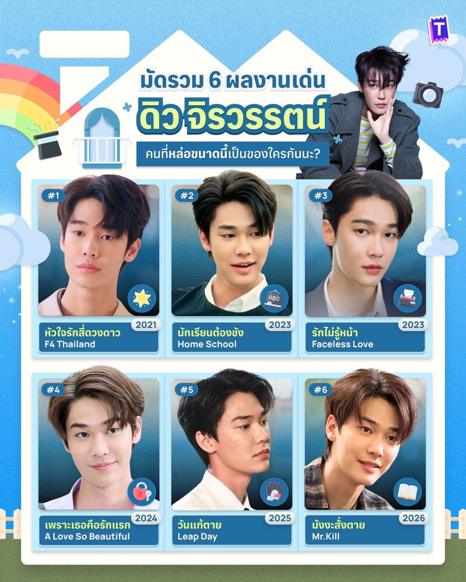 Tixxa_official's tweet photo. 👦🏻🎩 มัดรวม 6 ผลงานเด่น “ดิว จิรวรรตน์”
คนที่หล่อขนาดนี้เป็นของใครกันนะ? 👉🏻👈🏻

จากหลายบทบาทที่ผ่านมา ทำให้เห็นว่าดิวเป็นอีกหนึ่งนักแสดงที่มีเสน่ห์บนหน้าจอแบบละสายตาไม่ได้จริง ๆ  ไม่ว่าจะคาแรกเตอร์ไหนก็ถ่ายทอดออกมาได้สมูทสุด ๆ จนกลายเป็นรักแรกของใครหลายคนเลยล่ะ 🙈 นอกเหนือจาก 6 เรื่องนี้ มีเรื่องไหนอยากขายอีก แวะมาป้ายยากันได้เลย!

และถ้าโดน “ดิวธี” ตก ไม่ควรพลาด DEW TEE SECRET AREA FANCON เตรียมตัวไปเจอทั้งคู่แบบเต็มอิ่ม พร้อมโมเมนต์และโชว์พิเศษที่รับรองว่าน่าจะทำให้ตกหลุมรักซ้ำได้อีกแน่นอน 👀💘

#dew_jsu #ดิวจิรวรรตน์
#dewtee #DewTeeFancon
#Tixxa