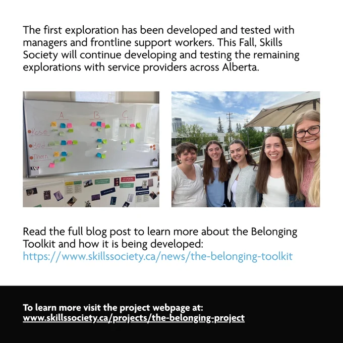 In the fourth image, text explains that the first toolkit exploration has been developed and tested with managers and frontline support workers, with further development and testing planned with service providers across Alberta. A group photo shows Paige Reeves standing with OT students Hayley, Emily, Danielle, and Jada, all smiling outdoors. The image also directs readers to the Skills Society website for more information about the Belonging Toolkit and the Belonging Project.