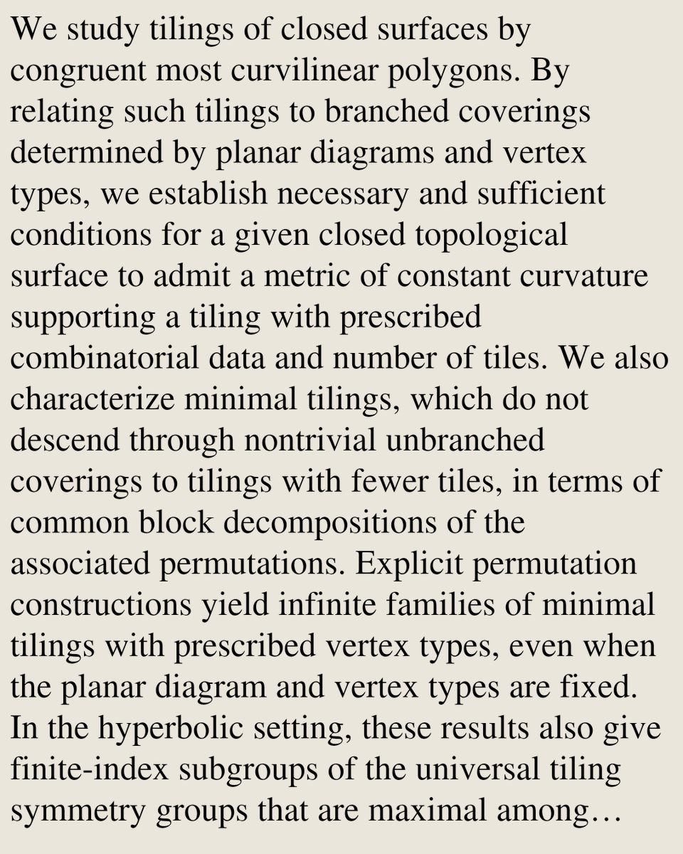 MathPaper's tweet photo. Tilings of Closed Surfaces by Congruent Most Curvilinear Polygons

Haofang Sun, Min Yan
https://t.co/q1zqbdsrrf [𝚖𝚊𝚝𝚑.𝙶𝙼] https://t.co/1hRWtPaF7O
