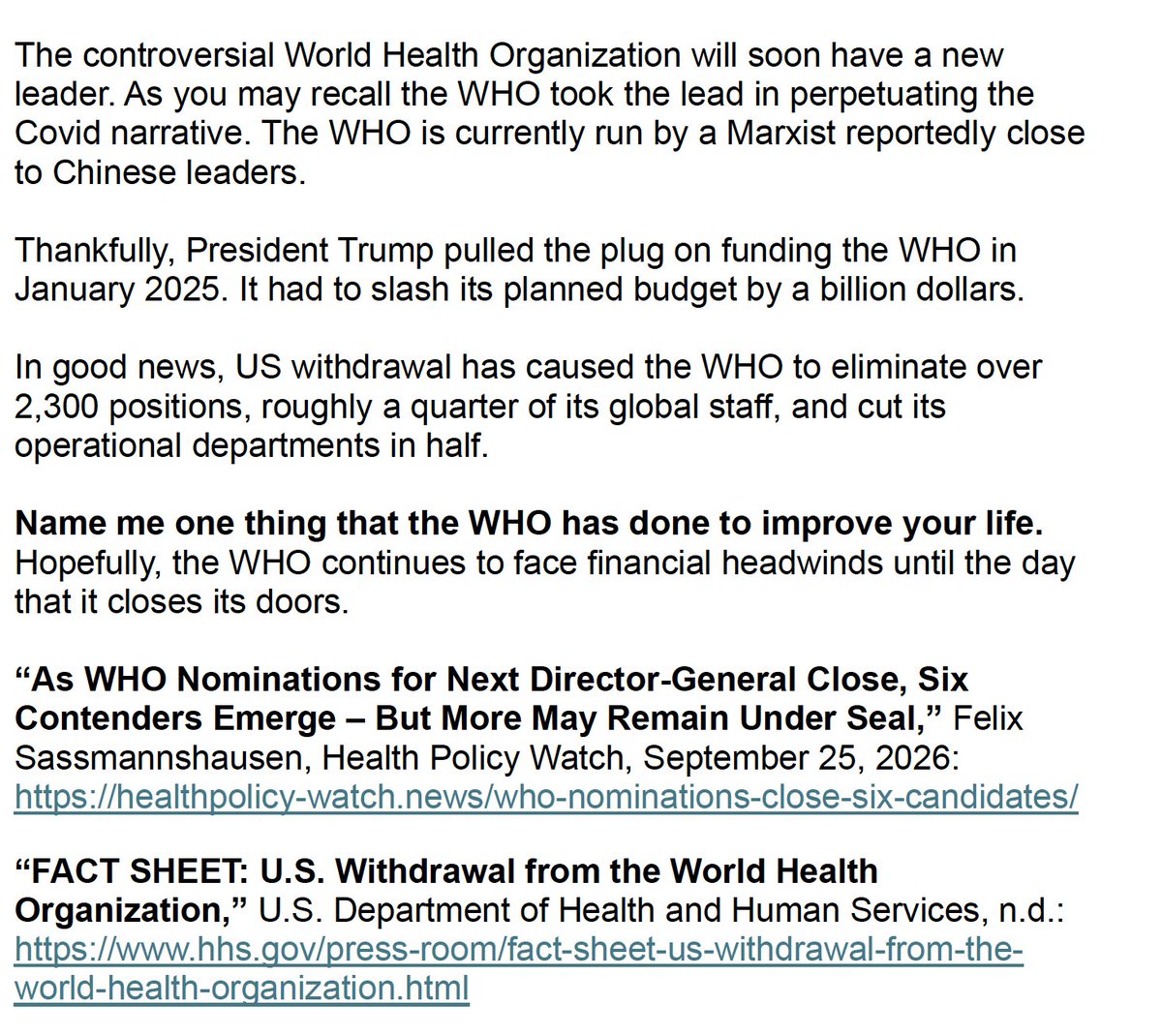 CCHFreedom's tweet photo. WHO NEEDS THE W.H.O.?  NOT YOU.

The Health Freedom Minute is presented daily by Twila Brase — President and Co-founder of Citizens’ Council for Health Freedom — and heard in 48 states Mon-Fri on more than 870 radio stations nationwide. 

Listen to today's Health Freedom Minute here: https://t.co/uy7a63XeFT