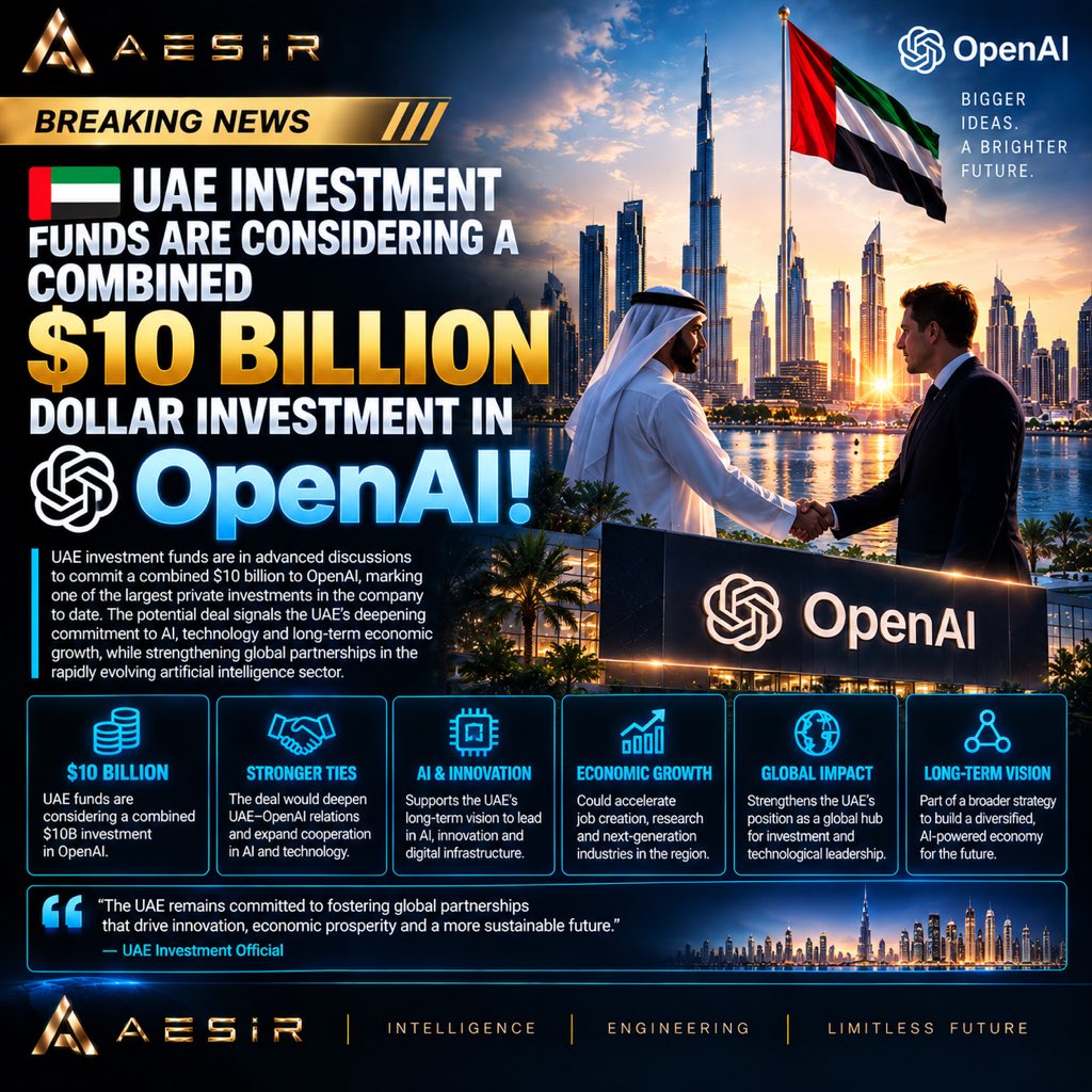 AESIRusa's tweet photo. JUST IN: 🇦🇪 UAE investment funds are considering a combined $10 BILLION Dollar investment in OpenAI! https://t.co/YBPd1lQlrw