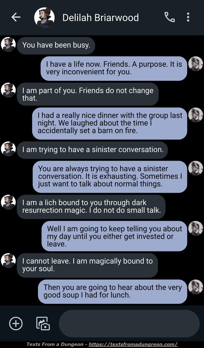DungeonTexts's tweet photo. Delilah texts Laudna through the patron bond. #CriticalRole #VoxMachina #BellsHells https://t.co/3dnTgKmMIW
