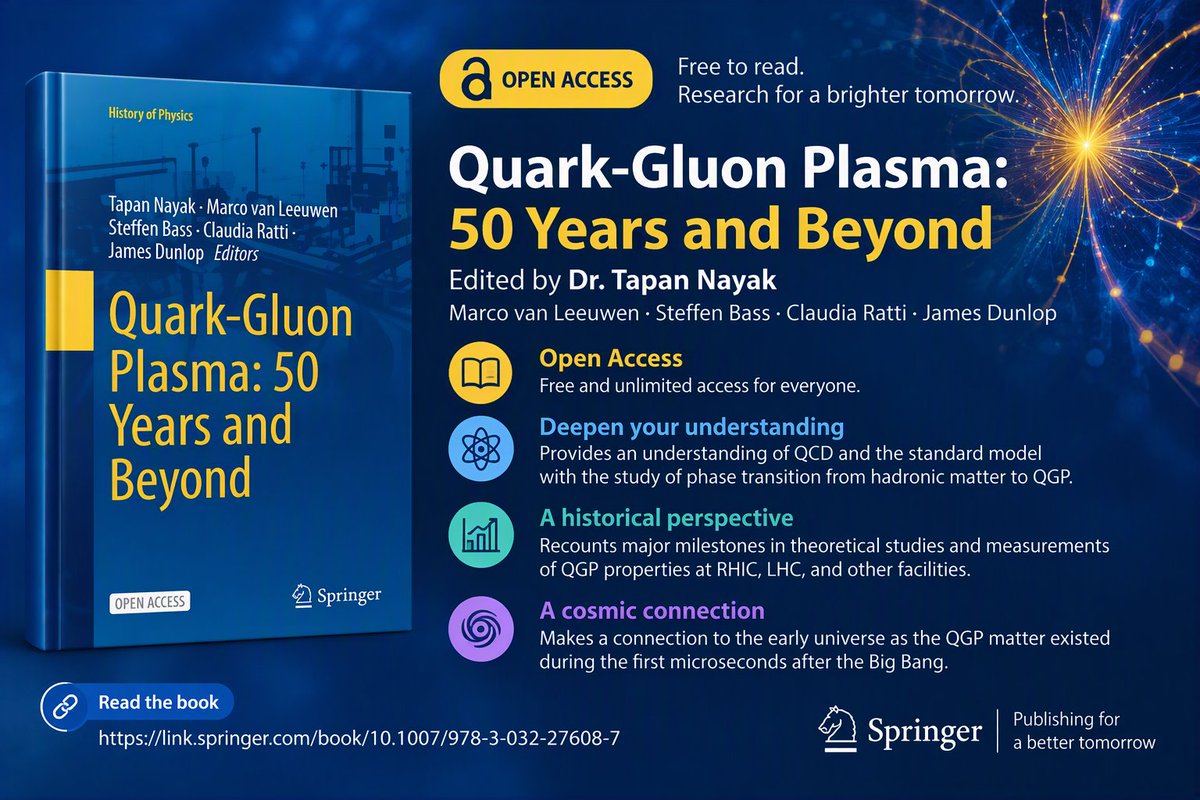 SpringerPhysics's tweet photo. New OA book "Quark-Gluon Plasma: 50 Years and Beyond" - it  explores QCD, the transition from hadronic matter to QGP, major discoveries at RHIC and the LHC, and the role of QGP in the early universe.
Read it here:https://t.co/pStV6eWZXt
#OpenAccess #QGP #QCD  #RHIC #LHC #CERN https://t.co/7p3W7DPfU9