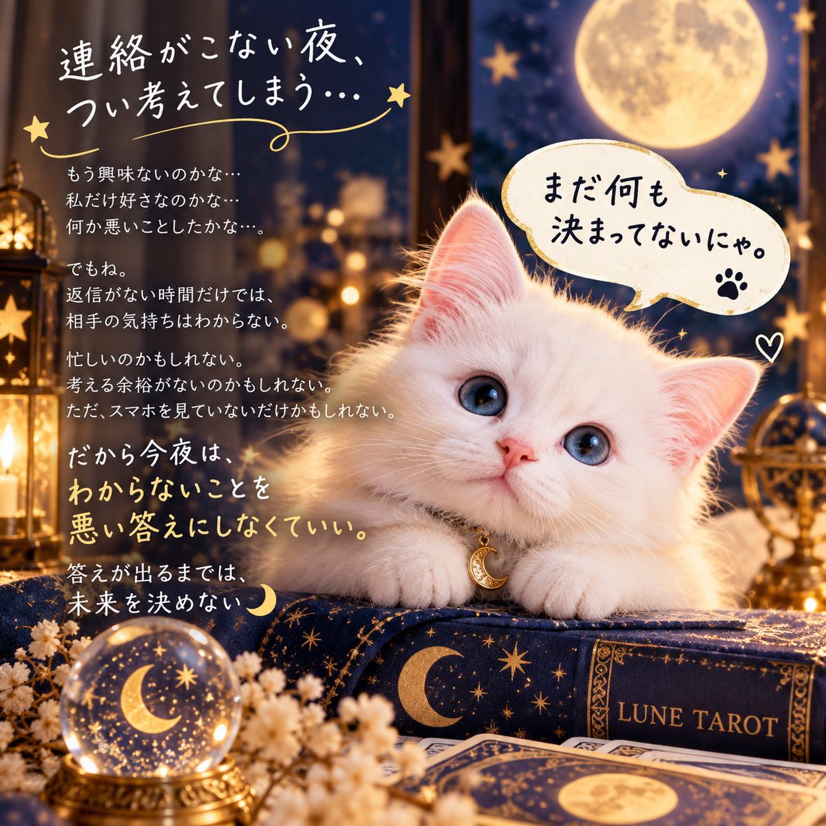 Ryunutarot's tweet photo. 連絡がこない夜。

「もう冷めたのかな」
「私だけ好きな���かな」

そうやって、まだ何もわからないのに
悪い未来を決めなくていい。

まだ何も決まってないにゃ🌙🐾

#リュヌタロット　#恋愛タロット　#タロット占い　#しろねこ #眠れない夜 https://t.co/QCqHYfSc77