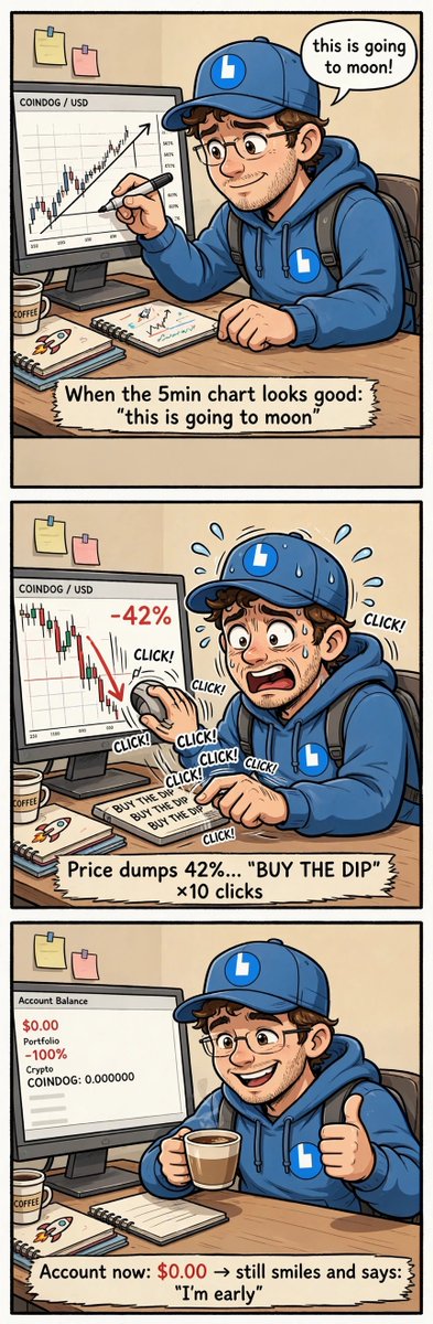 fiestables's tweet photo. DELUSIONAL TRADER 1000% 😂
When the 5min chart looks good: "this is going to moon!"
Price dumps -42%... "BUY THE DIP" x10 clicks CLICK CLICK !! panic 😂
Account now: $0.00 -> still smiles and says: "I'm early"😄
"I'm early I haven't actually lost money!" 🤣
#Coincolabestmeme https://t.co/UBRpWrKjzn