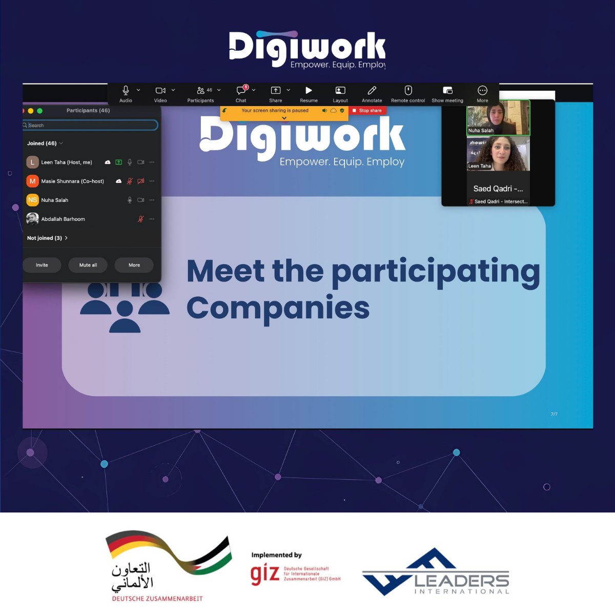 LeadersOrg's tweet photo. Connecting Palestinian digital talent with new opportunities 💻🤝

The 2nd #DigiWork Virtual Employment Event connected professionals with organizations exploring jobs, freelancing, outsourcing, and collaboration.

 Funded by GIZ in Palestine

#DigitalTalent #Palestine https://t.co/Mn6ZZZr6j2