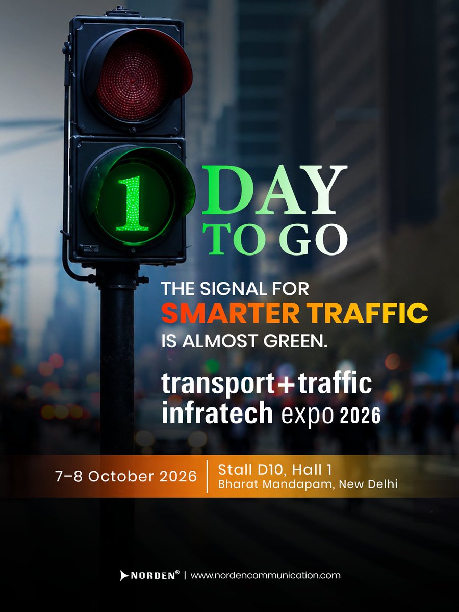 NordenGlobal's tweet photo. 1 DAY TO GO.
Tomorrow, Norden takes the road to Transport + Traffic InfraTech Expo 2026.
Explore Surveillance, PAVA & Structured Cabling at:
📍 Stall D10 | Hall 1 | Bharat Mandapam
📅 7–8 October
#NordenCommunication #TrafficInfraTech #ITS https://t.co/IWMX6v2WCf