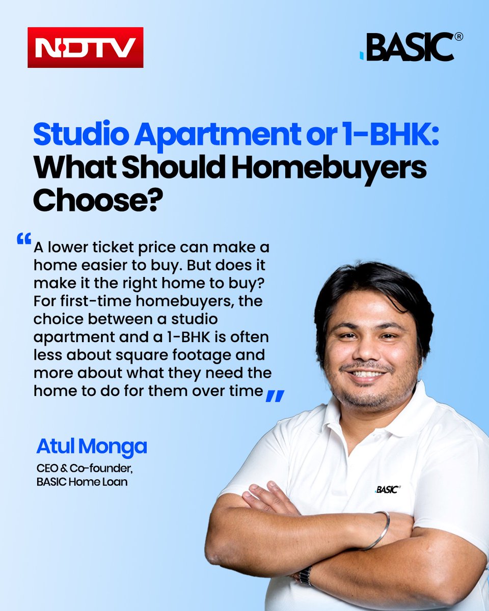 LoanBasic's tweet photo. A smaller home may come with a smaller price tag, but the smarter choice depends on much more than just the upfront cost.

For first-time homebuyers, choosing between a studio apartment and a 1-BHK means looking at affordability today, lifestyle needs, future flexibility, rental potential, and resale value.

Atul Monga, our CEO & Co-founder, shares his perspective with Prateek Shukla of NDTV on what homebuyers should consider before making the decision: https://t.co/3Z1g8Ze4ZD

#BASICHomeLoan #HomeBuying #RealEstate #FirstTimeHomebuyer #StudioApartment #1BHK #PropertyInvestment #HomeLoan