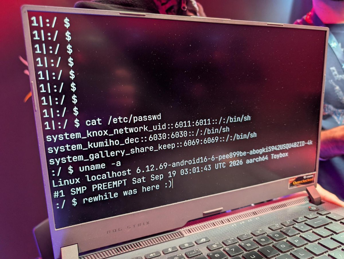 thezdi's tweet photo. We have a collision! Nguyen Thanh Dat (@rewhiles) of Viettel Cyber Security (@vcslab) used 4 bugs to exploit the #Samsung Galaxy S26, but 3 were known by the vendor. They still earn 31,250 and 3.25 Master of Pwn points. #Pwn2Own https://t.co/zE8CVhonT5