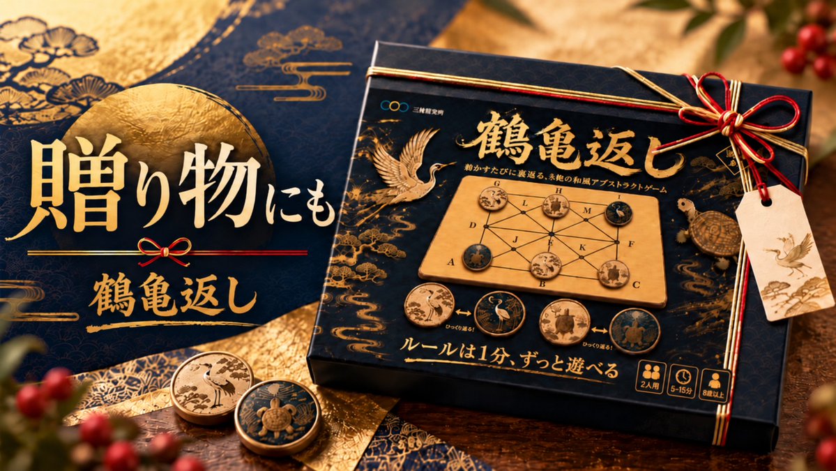 sanmai_lab's tweet photo. ボードゲームを贈るのは、意外と難しい。
相手の好みや経験値が分からないと、選びにくいからです。  

『鶴亀返し』は、ルールはすぐ覚えられ、勝ち形も「3枚を一直線」と明快。
子どもから大人まで、一緒に遊びやすいゲームを目指しました。
  
自分用だけでなく、贈り物にも。 
 
#鶴亀返し #パズル https://t.co/KLItCkmXIq