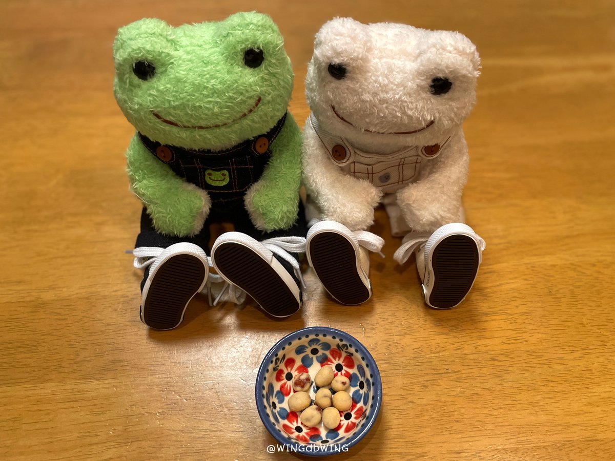 WINGdbWING's tweet photo. 豆菓子を回収されて、お利口に座る🐸たち。
(気持ちニッキが前のめりに見つめている…笑)

🪽「今度は半分こするんだよ😁」
#かえるのピクルス https://t.co/OrAuPChD2w