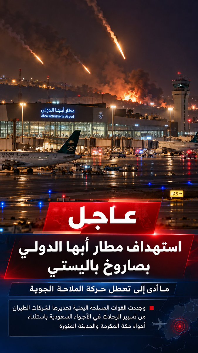 alhudhud_qatifi's tweet photo. #عاجل |🔴استهداف #مطار_أبها الدولي

أعلنت #القوات_المسلحة_اليمنية استهداف مطار أبها الدولي 
بصاروخ باليستي ما أدى إلى تعطل حركة الملاحة الجوية

وجددت القوات المسلحة اليمنية ��حذيرها لشركات الطيران من تسيير الرحلات في الأجواء #السعودية باستثناء أجواء #مكة_المكرمة و #المدينة_المنورة https://t.co/VHUmeQSO0F