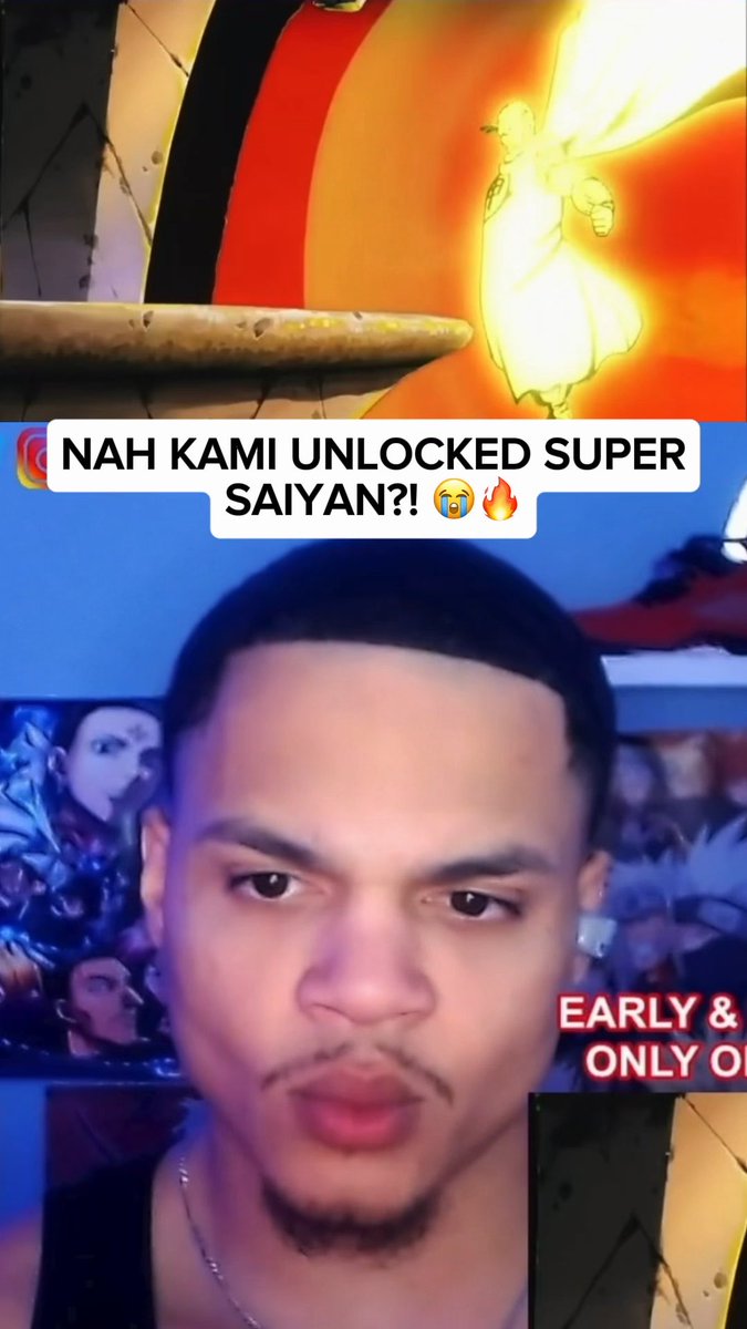 A streamer with text overlay reading "NAH KAMI UNLOCKED SUPER SAIYAN?!" with crying and fire emojis, reacting to a Dragon Ball scene showing Super Saiyan Goku with a golden aura.