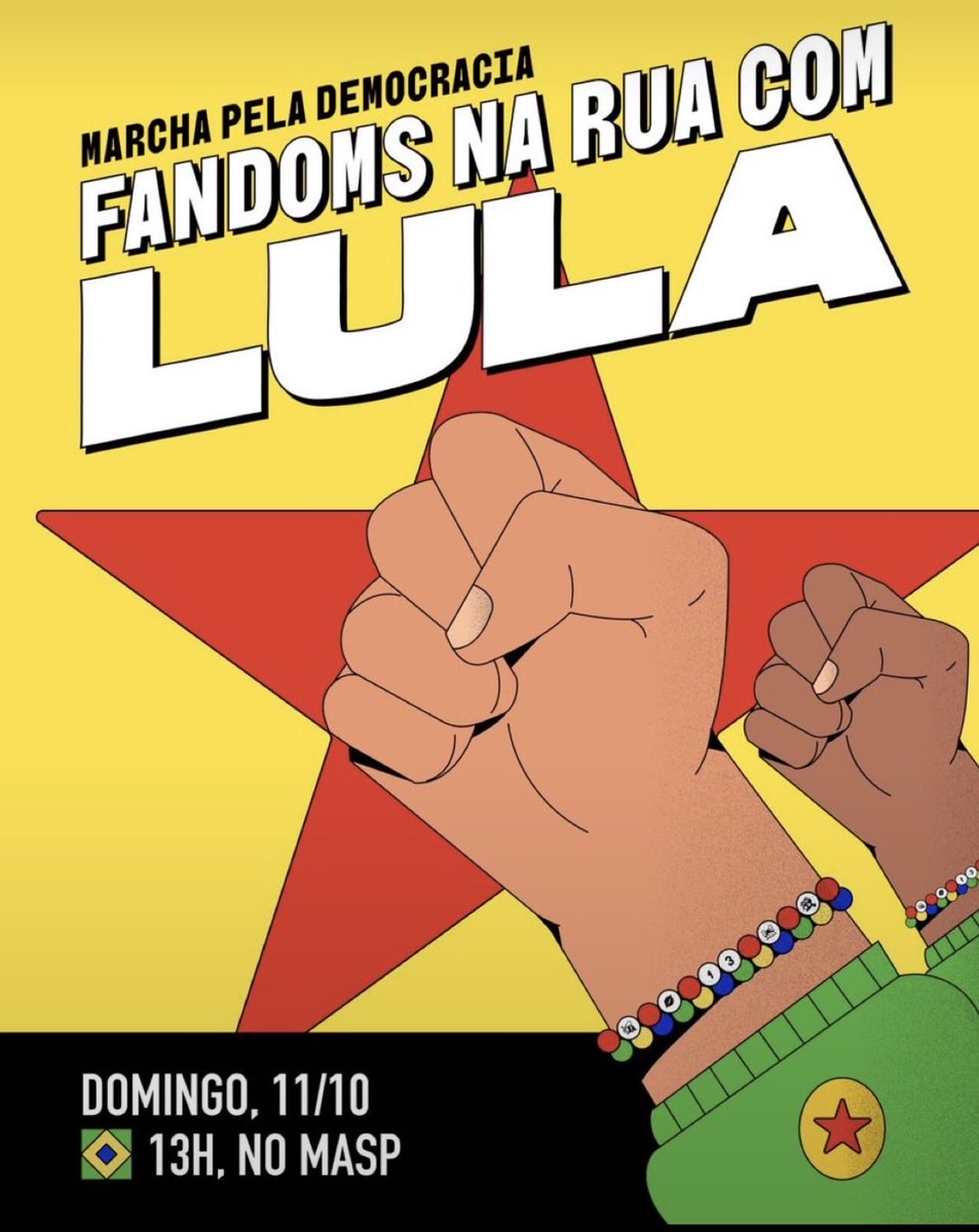 LudmillaCrave's tweet photo. 🚨 MARCHA PELA DEMOCRACIA!

No DOMINGO (11/10), estaremos no MASP, em São Paulo, em uma grande manifestação pela democracia brasileira.

A concentração será às 11h e, às 13h, seguiremos em marcha pela Avenida Paulista.

FANDOMS NA RUA COM LULA! 🇧🇷 https://t.co/wfzaQFwxcC