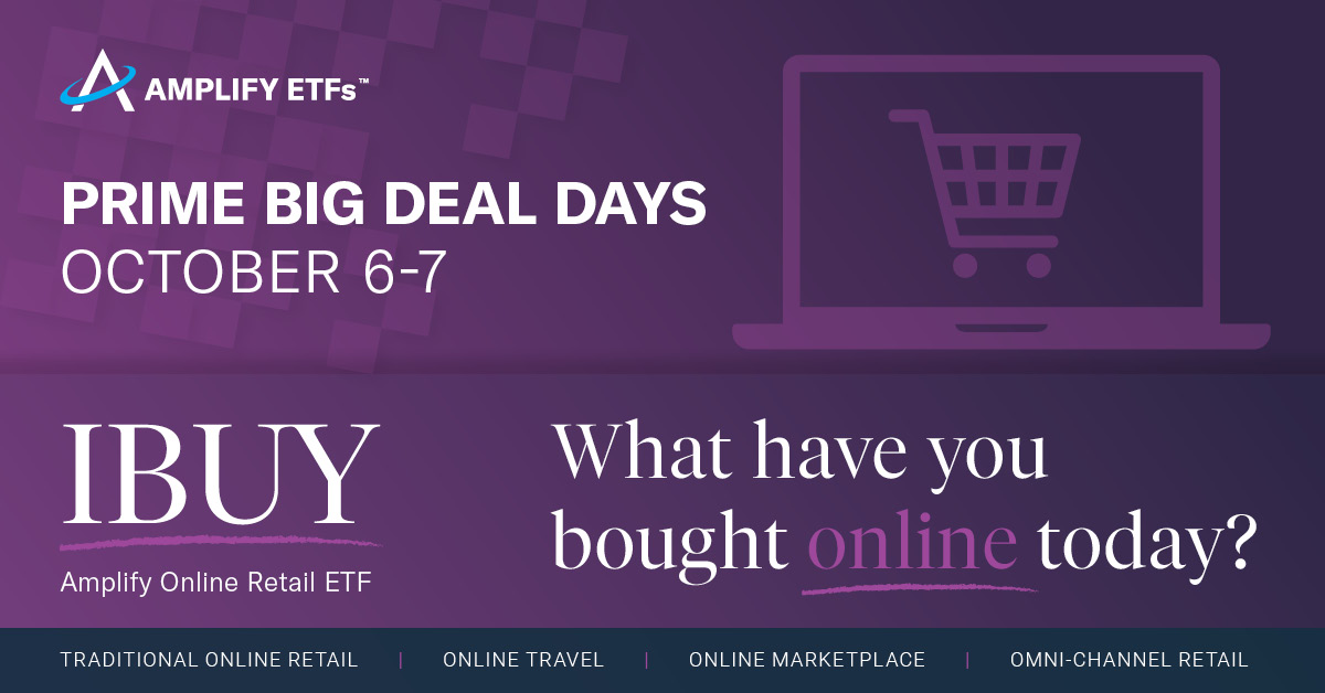 Salarsen18's tweet photo. Amazon Prime Big Deal Days start today! How can you invest in this e-commerce mega-trend? $AMZN is a top holding in $IBUY. “Check out” more info on IBUY, the Amplify Online Retail ETF: https://t.co/WH2nVq7bAz https://t.co/7U79D8Qv0k