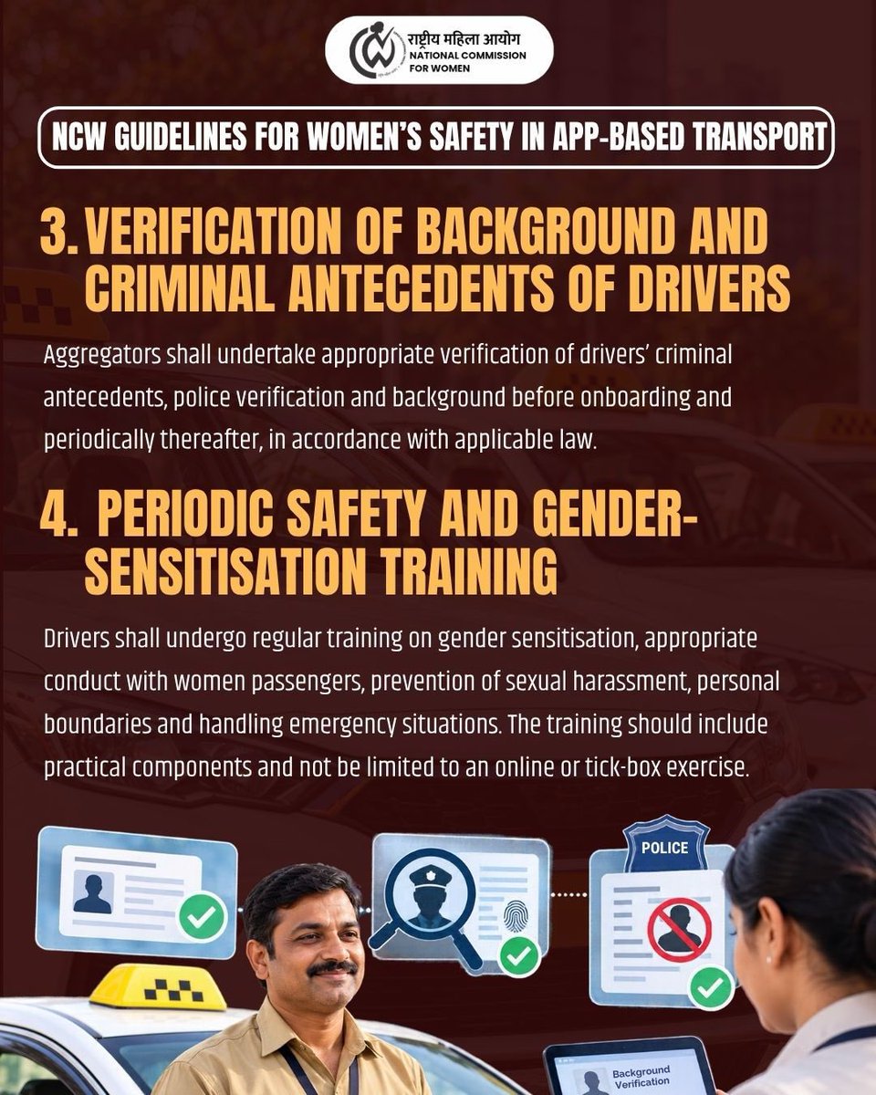 NCWIndia's tweet photo. 1/3
The National Commission for Women has issued guidelines aimed at strengthening safety and security measures for women using app-based transport services.
#NCW #NationalCommissionForWomen #WomensSafety #SafeMobility #AppBasedTransport https://t.co/gXcjUbaqOl