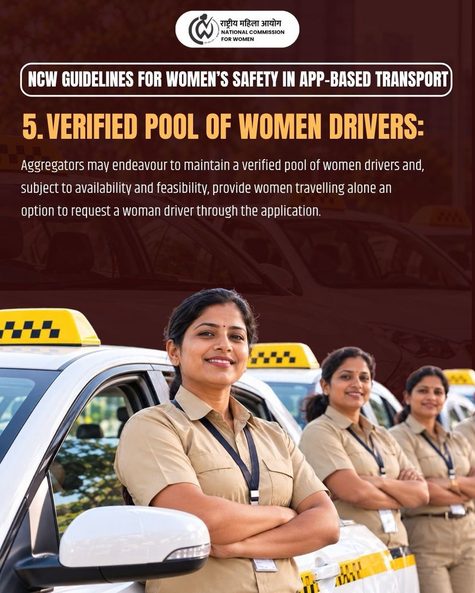 NCWIndia's tweet photo. 1/3
The National Commission for Women has issued guidelines aimed at strengthening safety and security measures for women using app-based transport services.
#NCW #NationalCommissionForWomen #WomensSafety #SafeMobility #AppBasedTransport https://t.co/gXcjUbaqOl