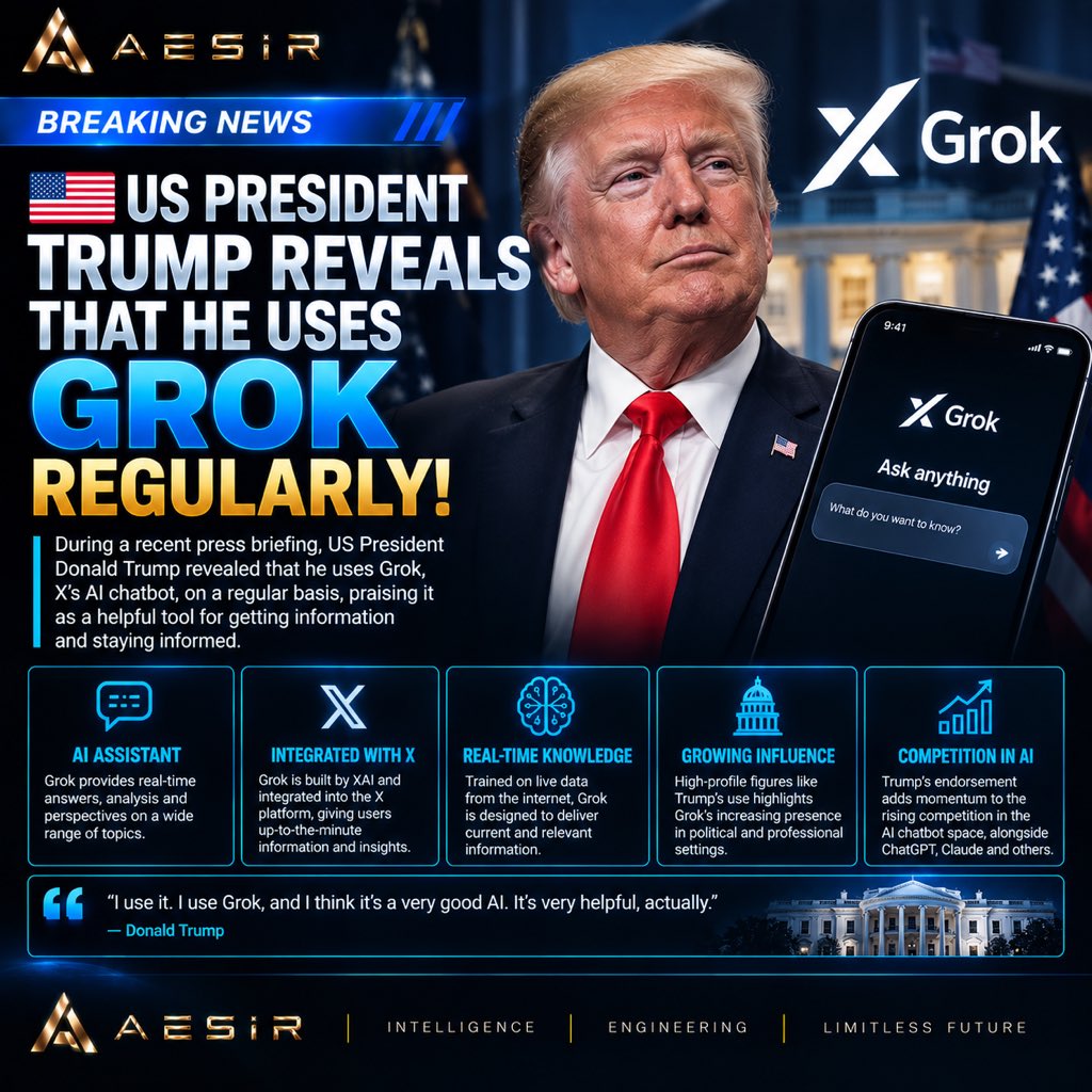 AESIRusa's tweet photo. JUST IN: 🇺🇸 US President Trump Reveals That He Uses GROK Regularly! https://t.co/9EE5BSE4HQ